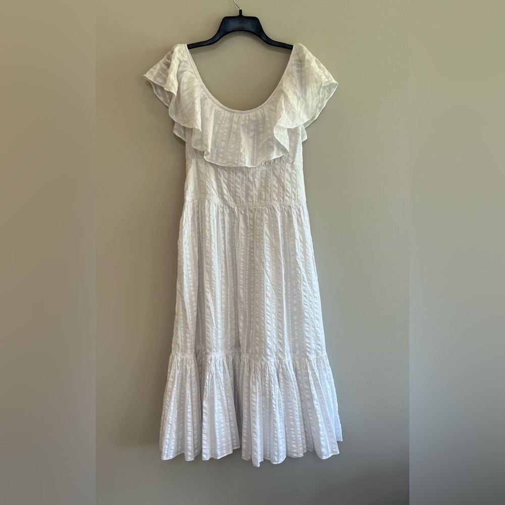 Tory Burch Off Shoulder White Cotton Seersucker Striped Ruffle Dress, size 2 - Picture 13 of 13